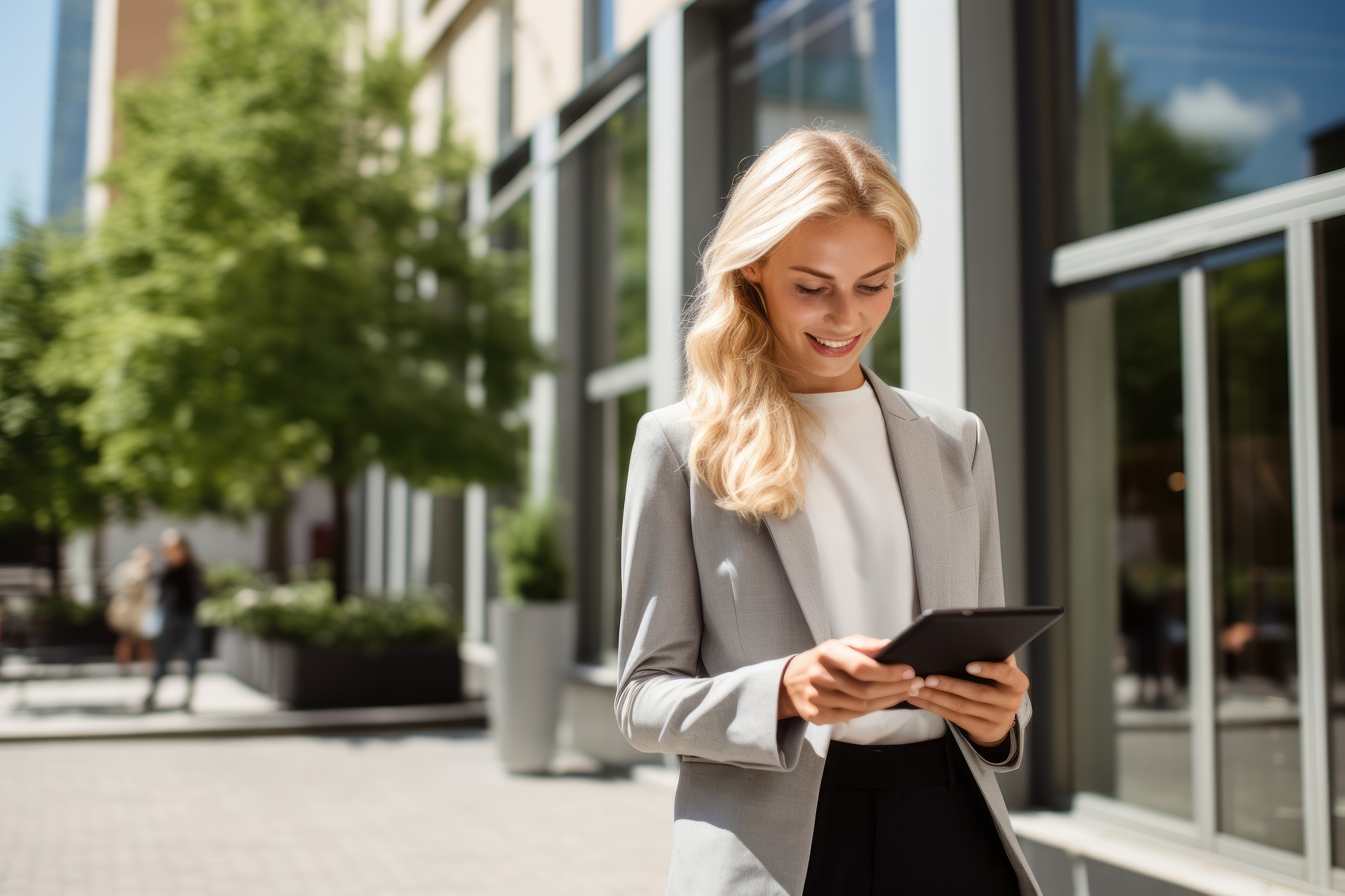 An executive woman walking on the street checking her business on her tablet